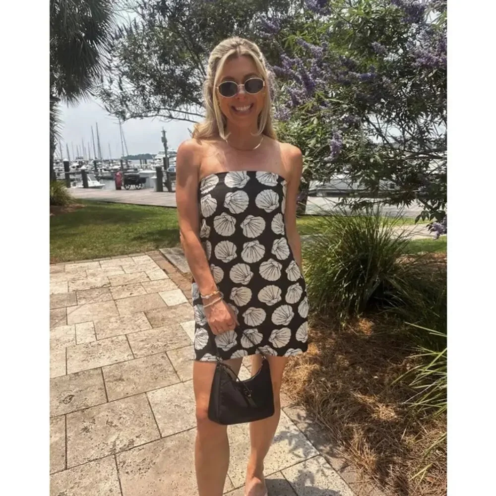 Abercrombie & Fitch Linen Strapless Black & White Strapless Seashell Mini Dress